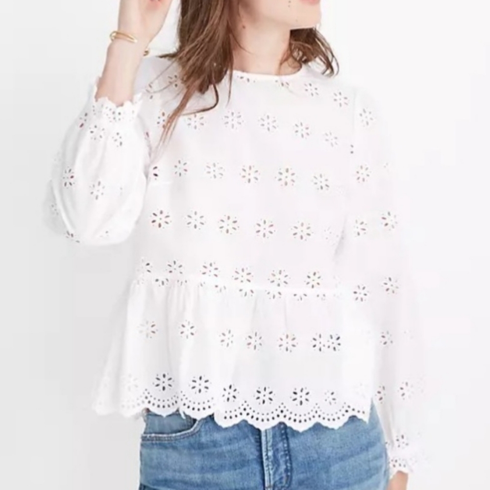Madewell Eyelet Keyhole White Peplum Top